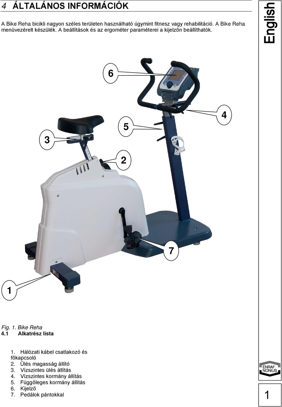 6 3 5 2 4 7 1 Fig. 1. Bike Reha 4.1 Alkatrész lista 1. Hálózati kábel csatlakozó és főkapcsoló 2.