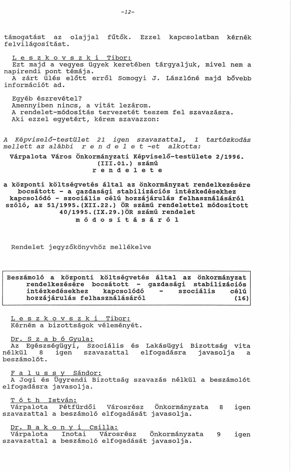 Aki ezzel egyetért, kérem szvzon: A Képviselő-testület 21 igen szvttl, 1 trtózkodás mellett lábbi r e n d e l e t -et lkott: Várplot Város Önkormányzti Képviselő-testülete 2/199 6. (III.01.