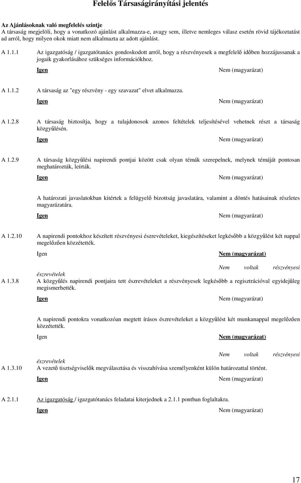 1.1 Az igazgatóság / igazgatótanács gondoskodott arról, hogy a részvényesek a megfelelő időben hozzájussanak a jogaik gyakorlásához szükséges információkhoz. A 1.1.2 A társaság az "egy részvény - egy szavazat" elvet alkalmazza.