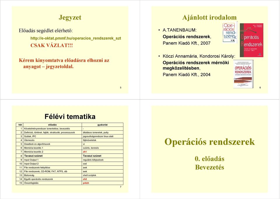 , 2004 5 6 Félévi tematika hét előadás gyakorlat 1 Követelményrendszer ismertetése, bevezetés - 2 Definíció, történet, fajták, strukturák, processzusok általásos ismeretek, putty 3 4 5 Szálak, IPC