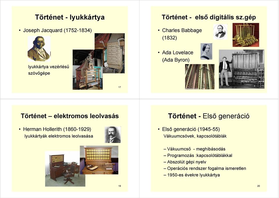 Herman Hollerith (1860-1929) lyukkártyák elektromos leolvasása Történet - Első generáció Első generáció (1945-55)