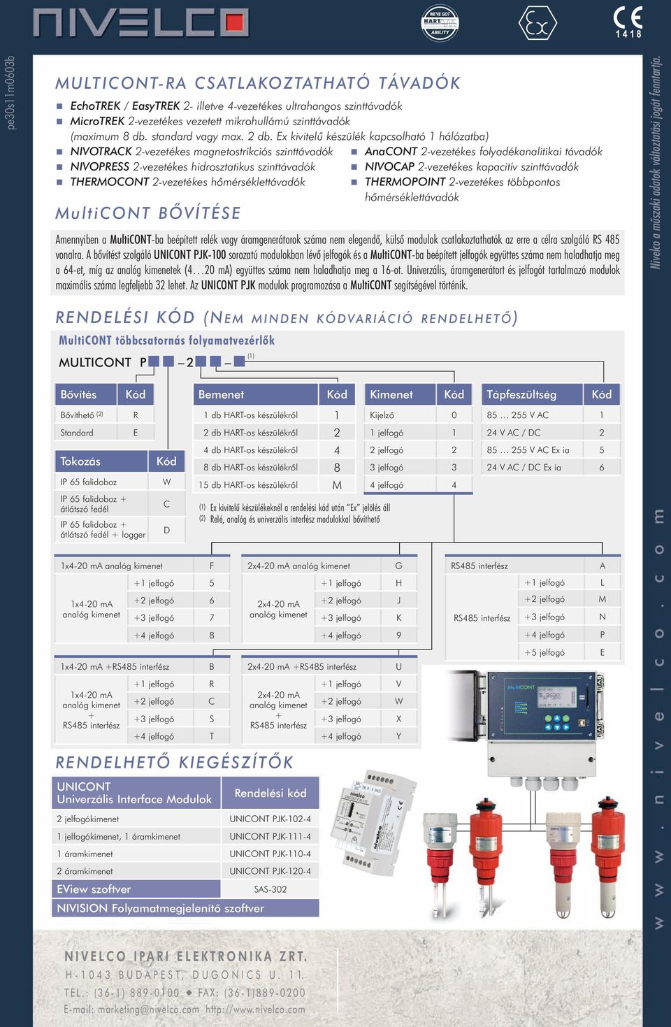 Ex kivitelű készülék kapcsolható 1 hálózatba) NIVOTRACK 2-vezetékes magnetostrikciós szinttávadók NIVOPRESS 2-vezetékes hidrosztatikus szinttávadók THERMOCONT 2-vezetékes hőmérséklettávadók MultiCONT