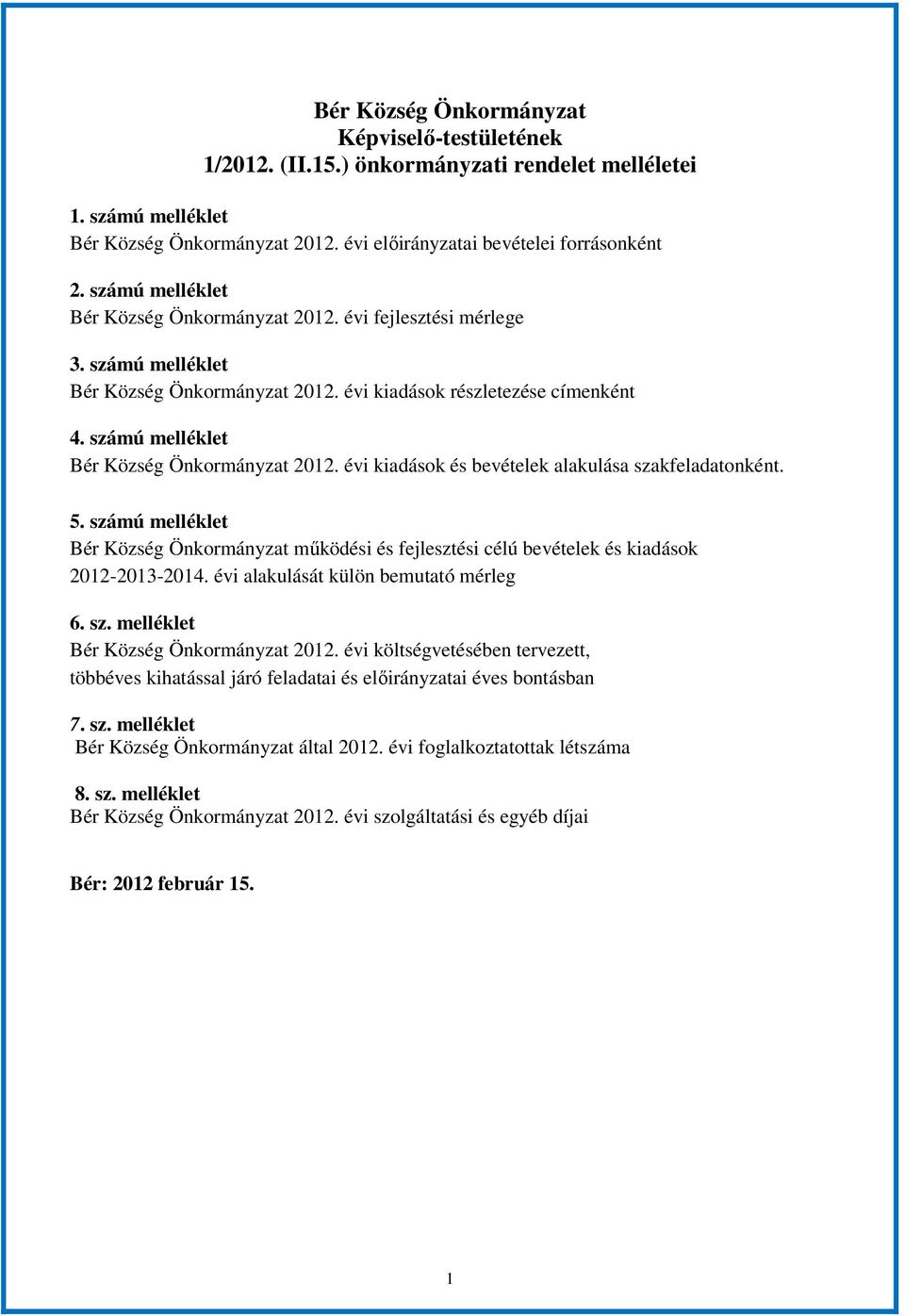 számú melléklet Bér Község Önkormányzat 2012. évi kiadások és bevételek alakulása szakfeladatonként. 5.