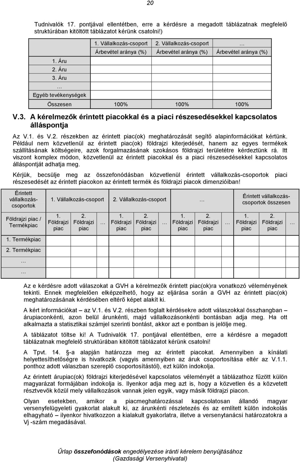 A kérelmezık érintett piacokkal és a piaci részesedésekkel kapcsolatos álláspontja Az V.1. és V.2. részekben az érintett piac(ok) meghatározását segítı alapinformációkat kértünk.