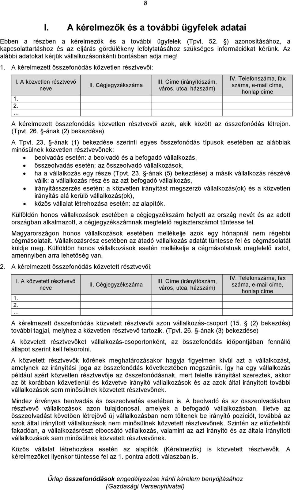 A kérelmezett összefonódás közvetlen résztvevıi: I. A közvetlen résztvevı neve 1. 2. II. Cégjegyzékszáma III. Címe (irányítószám, város, utca, házszám) IV.