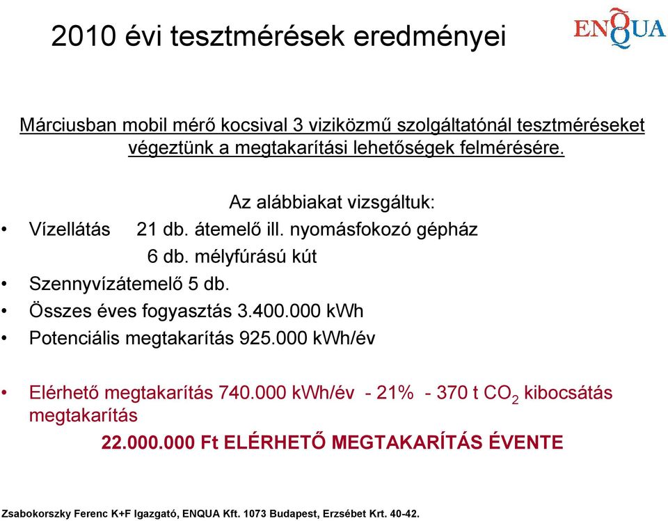 nyomásfokozó gépház 6 db. mélyfúrású kút Szennyvízátemelő 5 db. Összes éves fogyasztás 3.400.