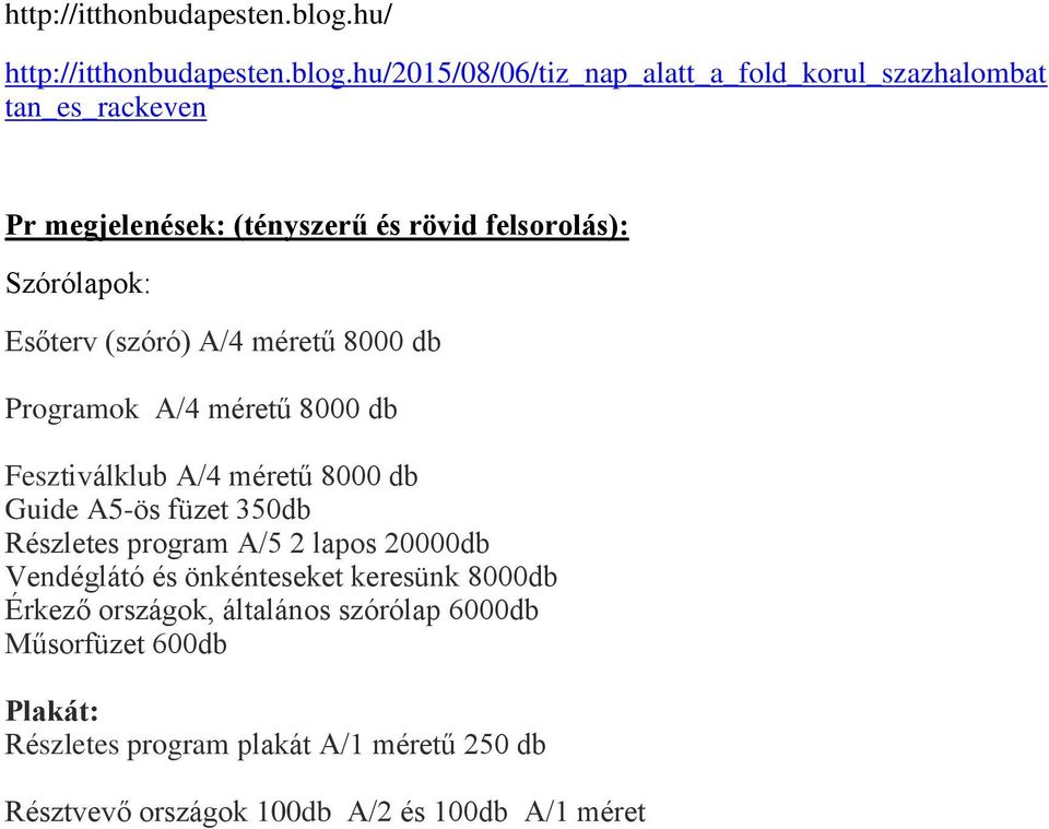 Esőterv (szóró) A/4 méretű 8000 db Programok A/4 méretű 8000 db Fesztiválklub A/4 méretű 8000 db Guide A5-ös füzet 350db Részletes program