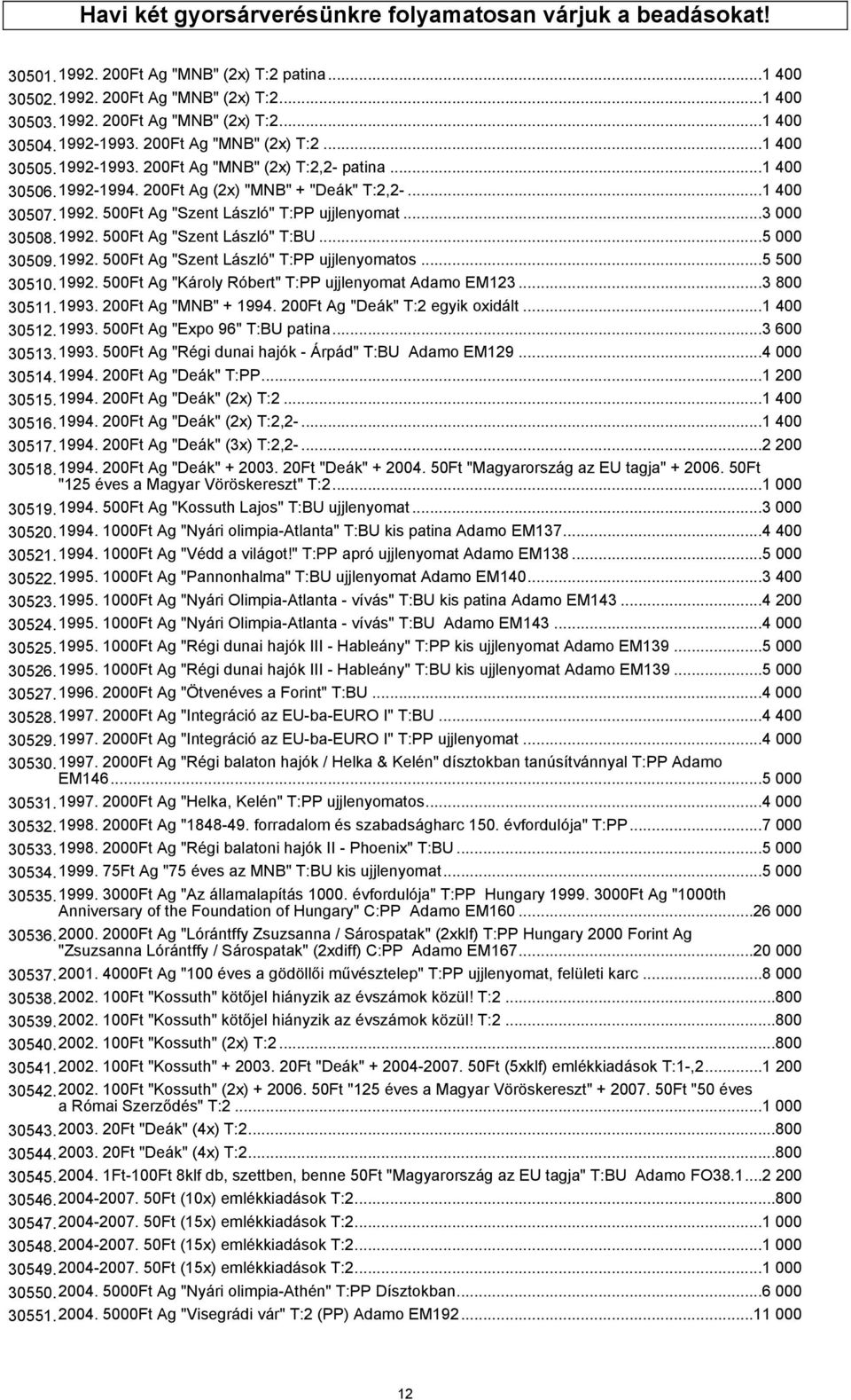 ..3 000 30508.1992. 500Ft Ag "Szent László" T:BU...5 000 30509.1992. 500Ft Ag "Szent László" T:PP ujjlenyomatos...5 500 30510.1992. 500Ft Ag "Károly Róbert" T:PP ujjlenyomat Adamo EM123...3 800 30511.