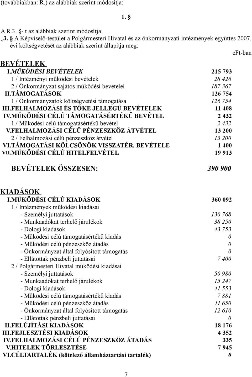 TÁMOGATÁSOK 126 754 1./ Önkormányzatok költségvetési támogatása 126 754 III.FELHALMOZÁSI ÉS TŐKE JELLEGŰ BEVÉTELEK 11 408 IV.MŰKÖDÉSI CÉLÚ TÁMOGATÁSÉRTÉKŰ BEVÉTEL 2 432 1.