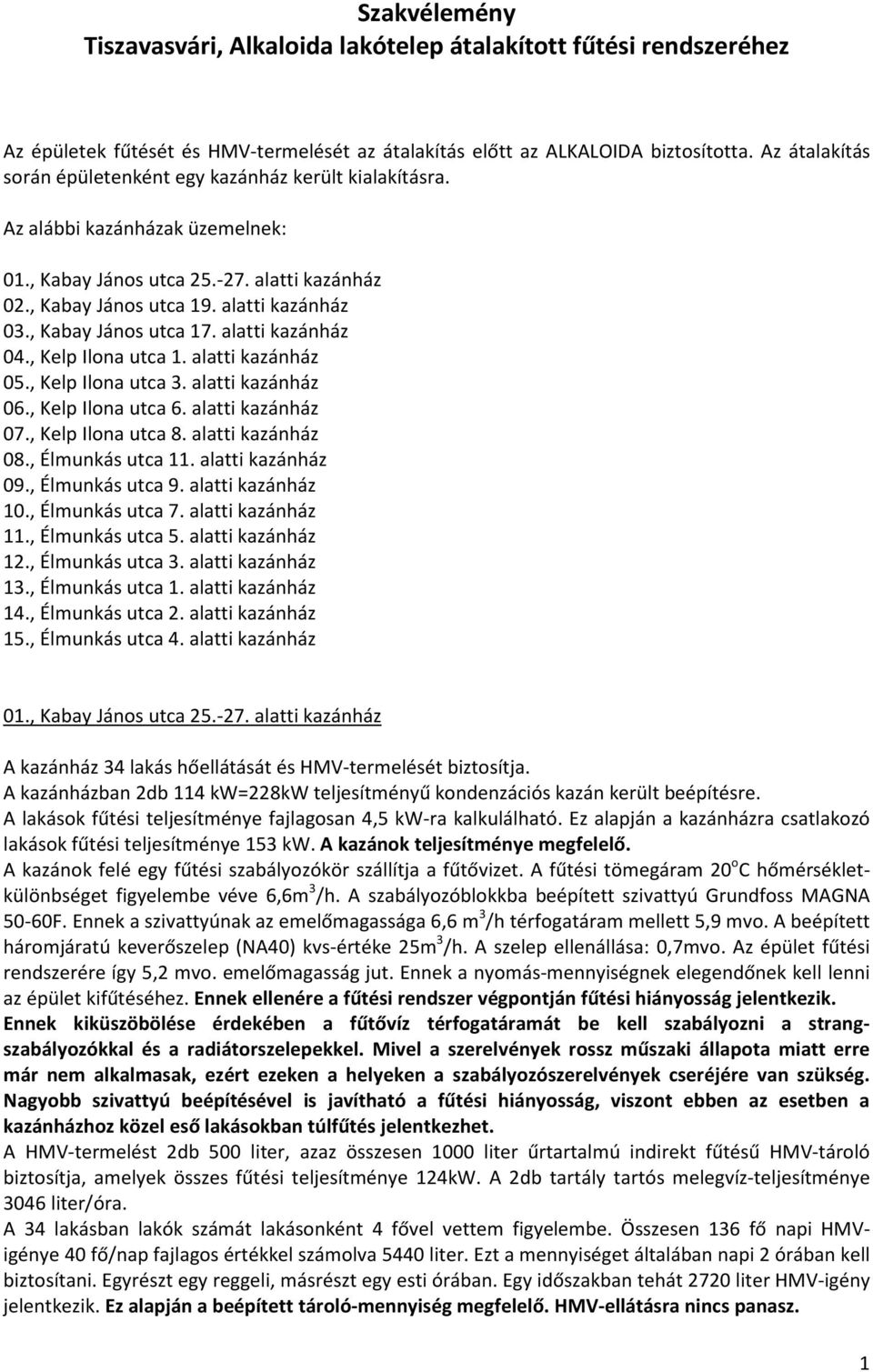 , Kabay János utca 17. alatti kazánház 04., Kelp Ilona utca 1. alatti kazánház 05., Kelp Ilona utca 3. alatti kazánház 06., Kelp Ilona utca 6. alatti kazánház 07., Kelp Ilona utca 8.