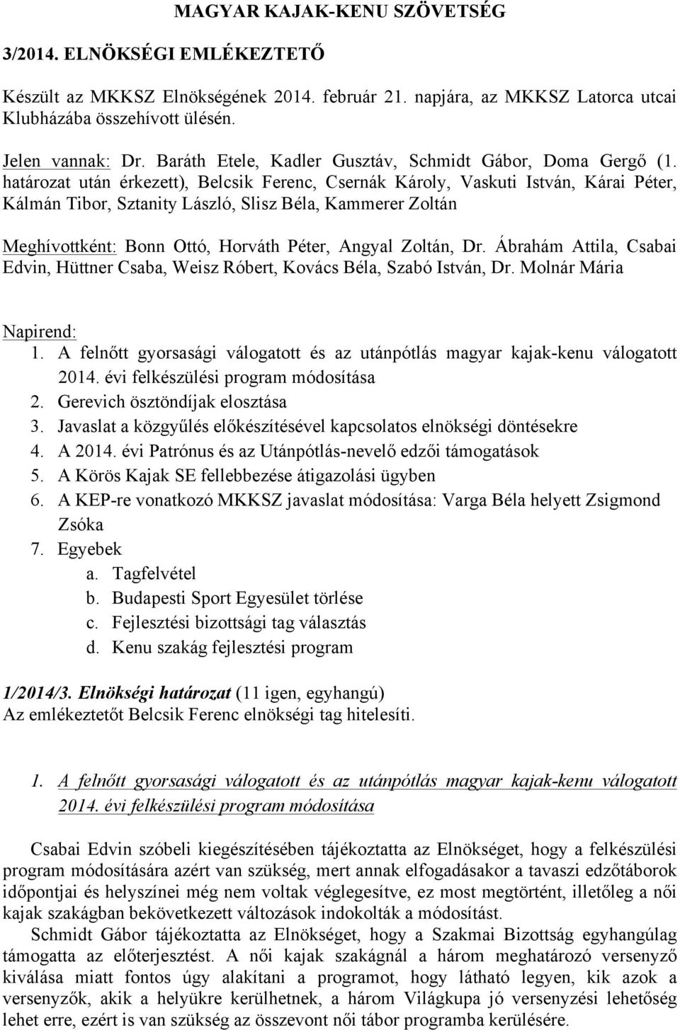 határozat után érkezett), Belcsik Ferenc, Csernák Károly, Vaskuti István, Kárai Péter, Kálmán Tibor, Sztanity László, Slisz Béla, Kammerer Zoltán Meghívottként: Bonn Ottó, Horváth Péter, Angyal