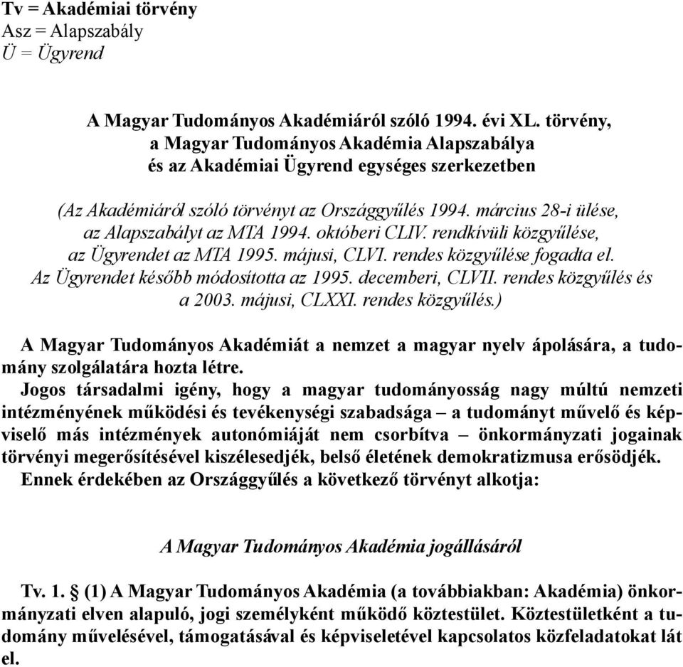 októberi CLIV. rendkívüli közgyűlése, az Ügyrendet az MTA 1995. májusi, CLVI. rendes közgyűlése fogadta el. Az Ügyrendet később módosította az 1995. decemberi, CLVII. rendes közgyűlés és a 2003.