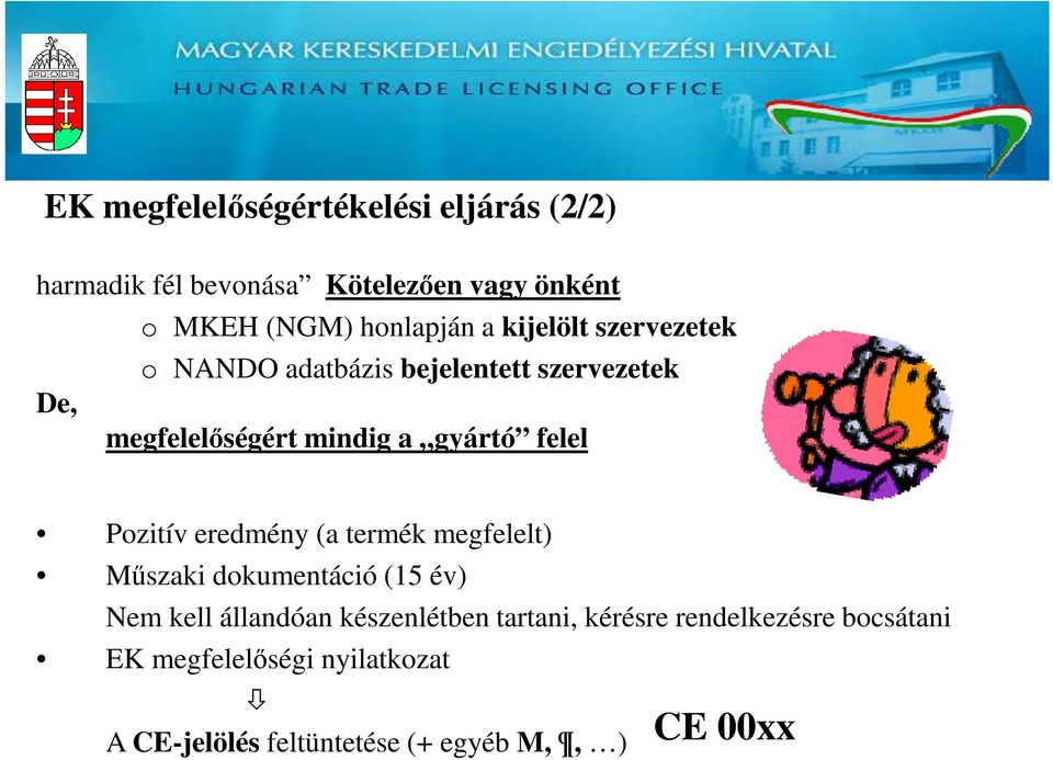 Pozitív eredmény (a termék megfelelt) Műszaki dokumentáció (15 év) Nem kell állandóan készenlétben tartani,