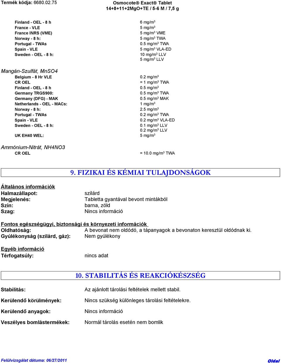 5 mg/m 3 Germany TRGS900: 0.5 mg/m 3 TWA Germany (DFG) - MAK 0.5 mg/m 3 MAK Netherlands - OEL - MACs: 1 mg/m 3 Norway - 8 h: 2.5 mg/m 3 Portugal - TWAs 0.2 mg/m 3 TWA Spain - VLE 0.