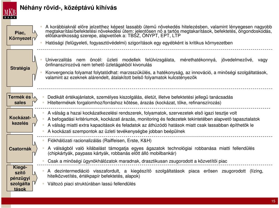 kritikus környezetben Stratégia Univerzalitás nem öncél: üzleti modellek felülvizsgálata, mérethatékonnyá, jövedelmezővé, vagy önfinanszírozóvá nem tehető üzletágakból kivonulás Konvergencia folyamat