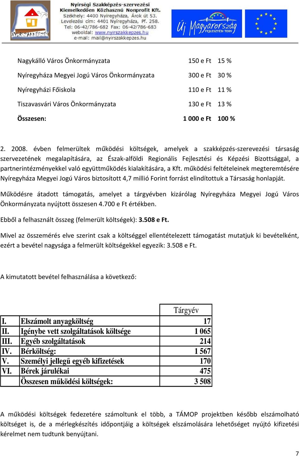 évben felmerültek működési költségek, amelyek a szakképzés-szerevezési társaság szervezetének megalapítására, az Észak-alföldi Regionális Fejlesztési és Képzési Bizottsággal, a partnerintézményekkel