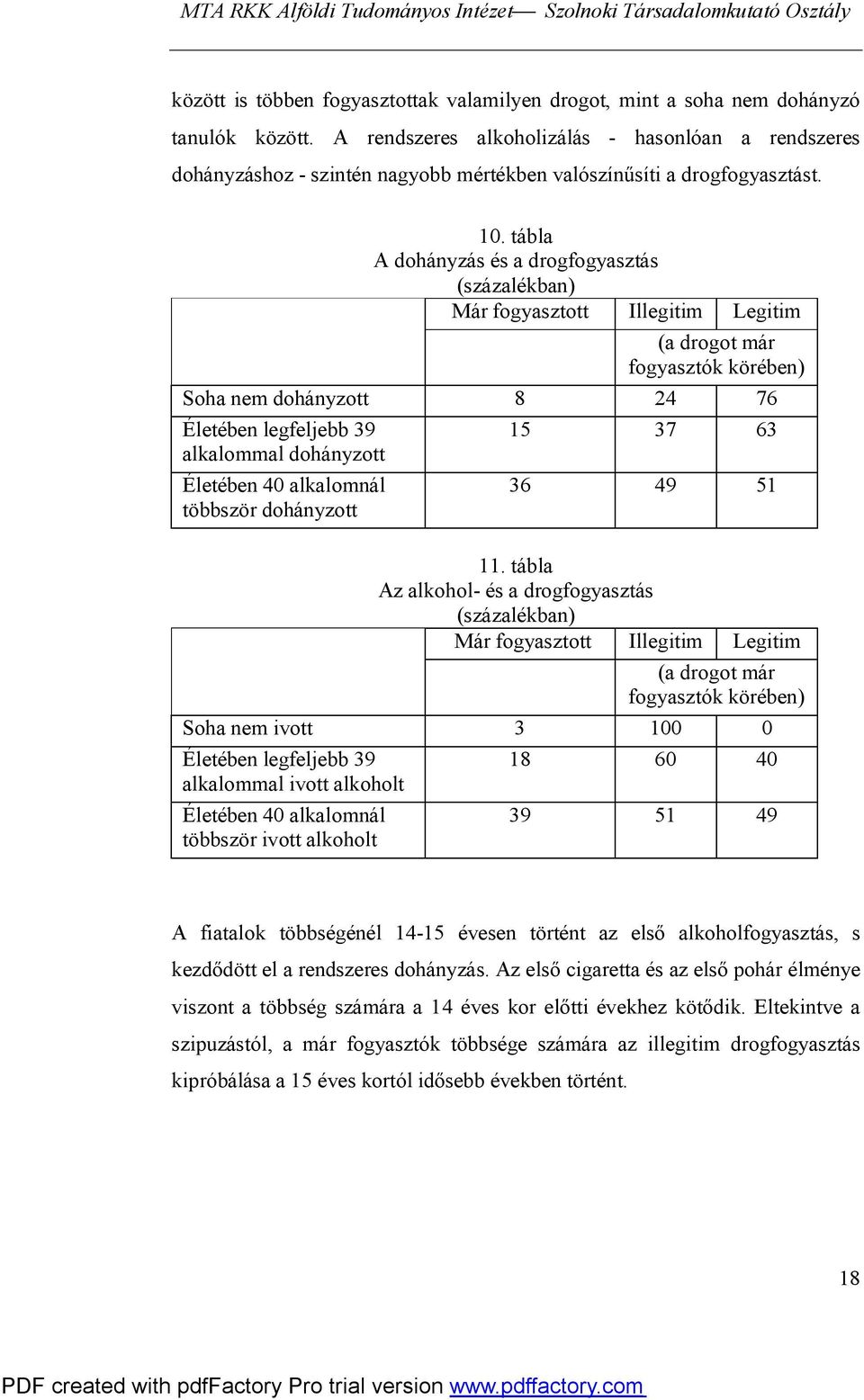 tábla A dohányzás és a drogfogyasztás (százalékban) Már fogyasztott Illegitim Legitim (a drogot már fogyasztók körében) Soha nem dohányzott 8 24 76 Életében legfeljebb 39 alkalommal dohányzott