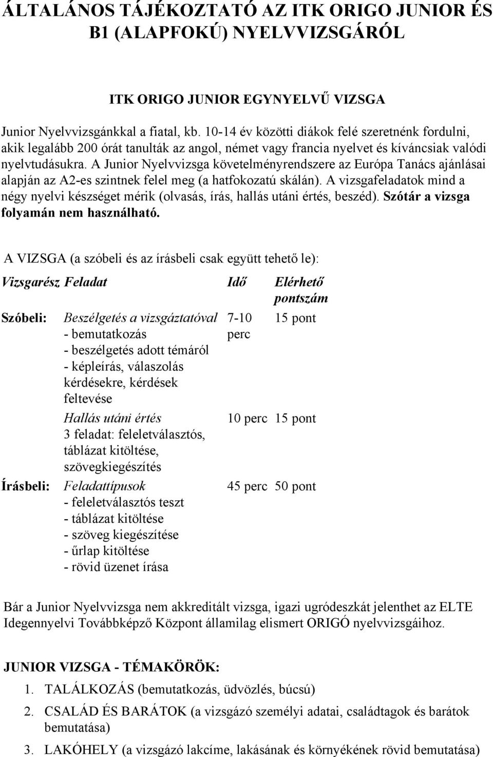 A Junior Nyelvvizsga követelményrendszere az Európa Tanács ajánlásai alapján az A2 es szintnek felel meg (a hatfokozatú skálán).