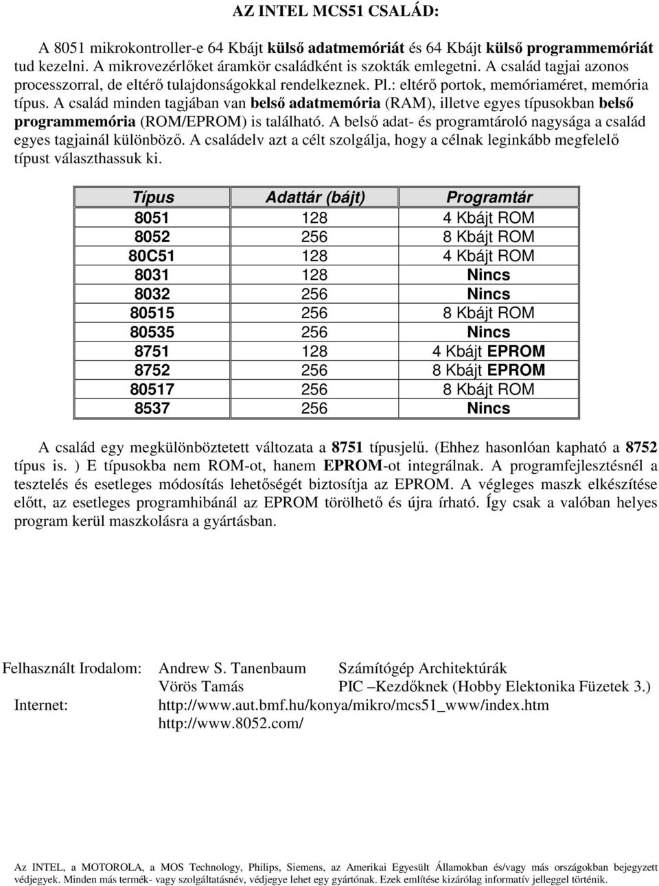 A család minden tagjában van belsı adatmemória (RAM), illetve egyes típusokban belsı programmemória (ROM/EPROM) is található.