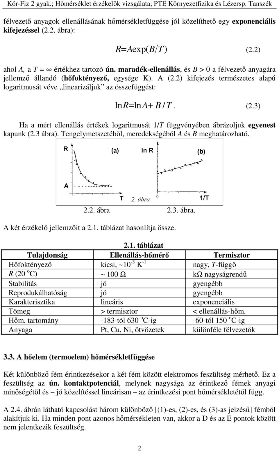 (2.3) Ha a mért ellenállás értékek logaritmusát 1/T függvényében ábrázoljuk egyenest kapunk (2.3 ábra). Tengelymetszetéből, meredekségéből A és B meghatározható. 2.2. ábra 2.3. ábra. A két érzékelő jellemzőit a 2.