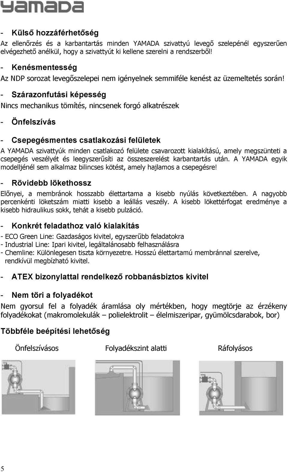 - Szárazonfutási képesség Nincs mechanikus tömítés, nincsenek forgó alkatrészek - Önfelszívás - Csepegésmentes csatlakozási felületek A YAMADA szivattyúk minden csatlakozó felülete csavarozott