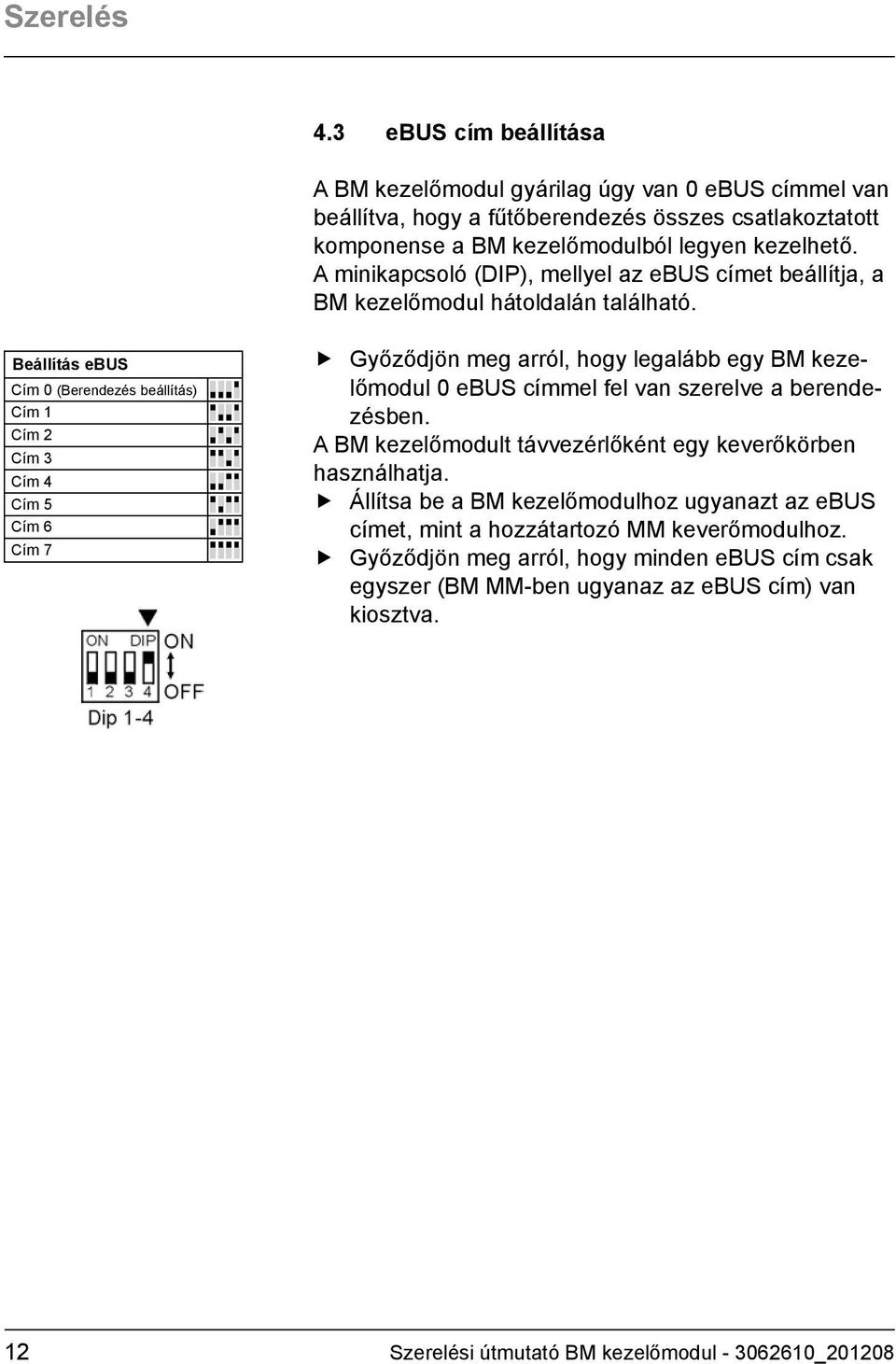 kezelhető. A minikapcsoló (DIP), mellyel az ebus címet beállítja, a BM kezelőmodul hátoldalán található.