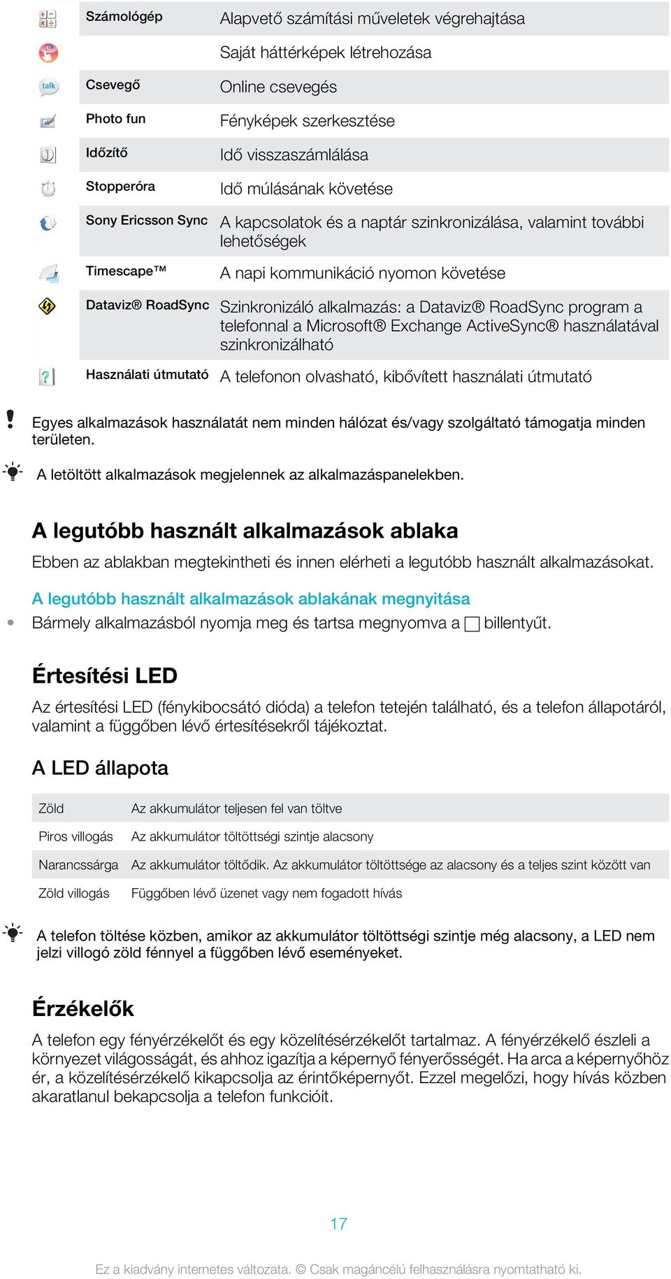 alkalmazás: a Dataviz RoadSync program a telefonnal a Microsoft Exchange ActiveSync használatával szinkronizálható A telefonon olvasható, kibővített használati útmutató Egyes alkalmazások használatát