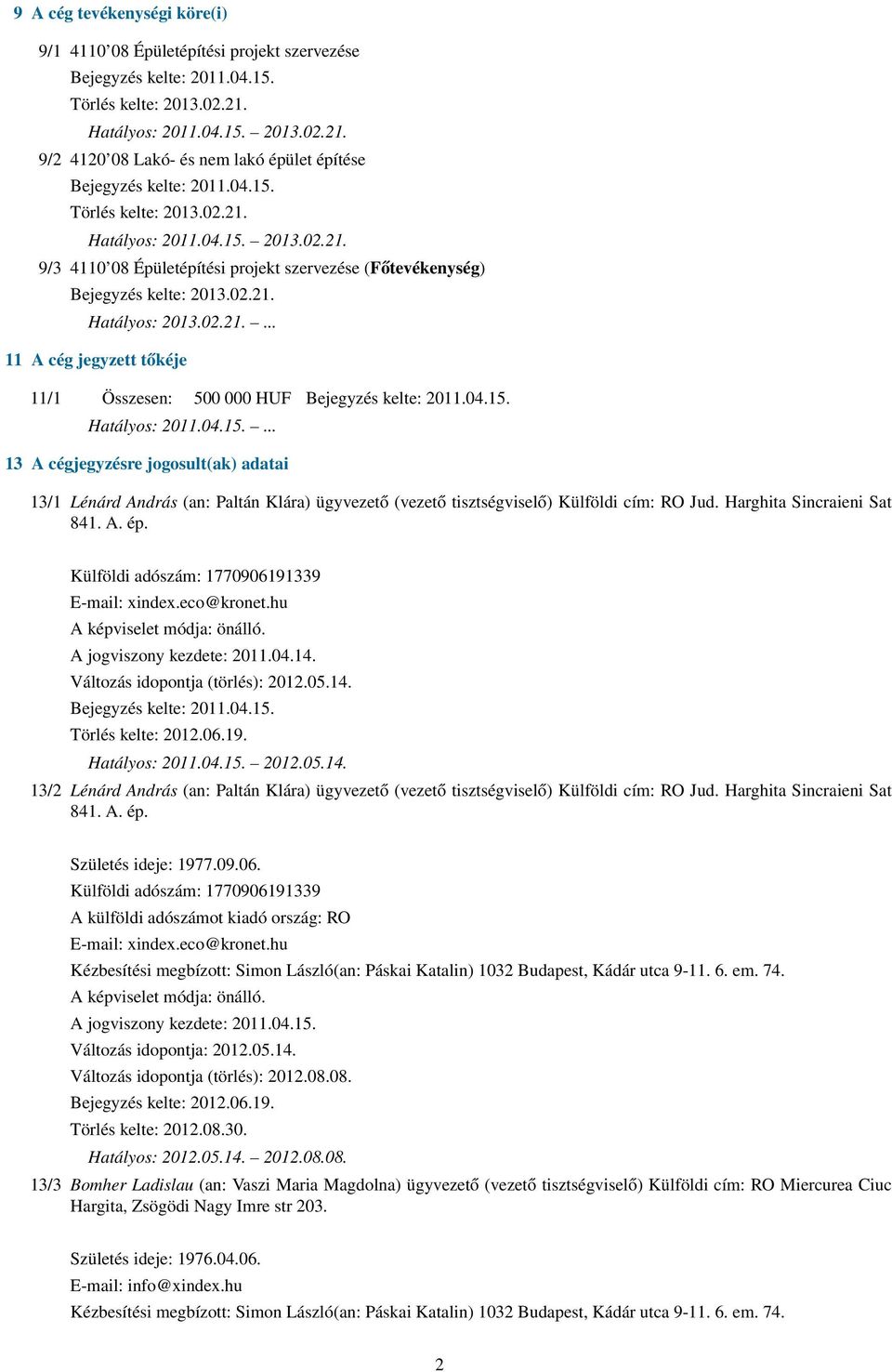 Harghita Sincraieni Sat 841. A. ép. Külföldi adószám: 1770906191339 E-mail: xindex.eco@kronet.hu A jogviszony kezdete: 2011.04.14.