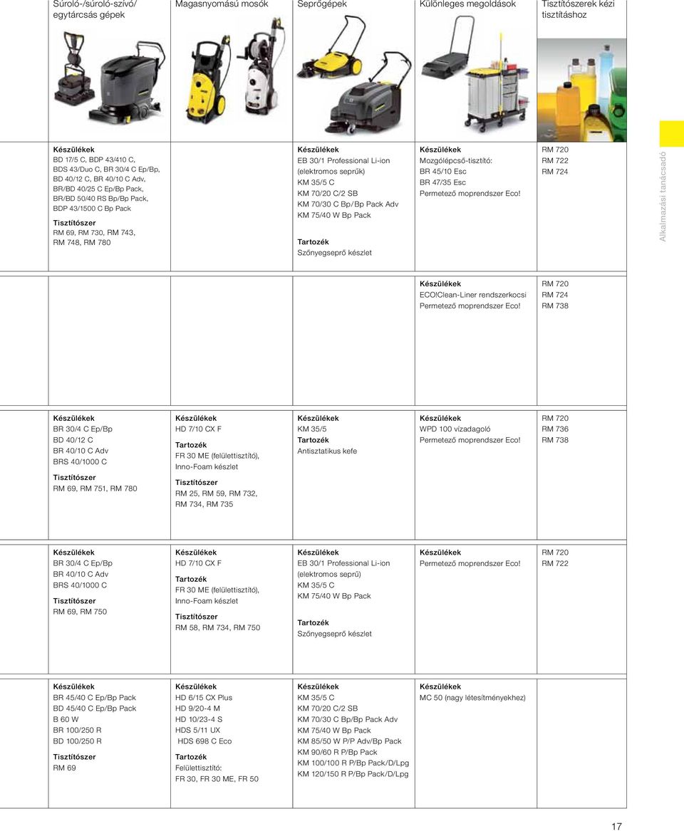 70/20 C/2 SB KM 70/30 C Bp/Bp Pack Adv KM 75/40 W Bp Pack Tartozék Szőnyegseprő készlet Mozgólépcső-tisztító: BR 45/10 Esc BR 47/35 Esc Permetező moprendszer Eco!