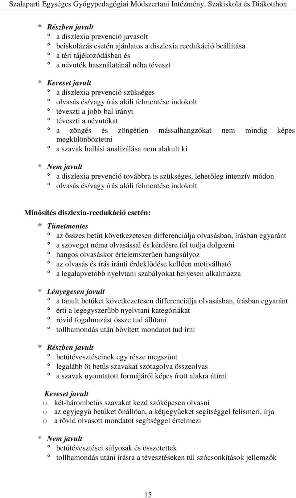 szavak hallási analizálása nem alakult ki * Nem javult a diszlexia prevenció továbbra is szükséges, lehetőleg intenzív módon olvasás és/vagy írás alóli felmentése indokolt Minősítés