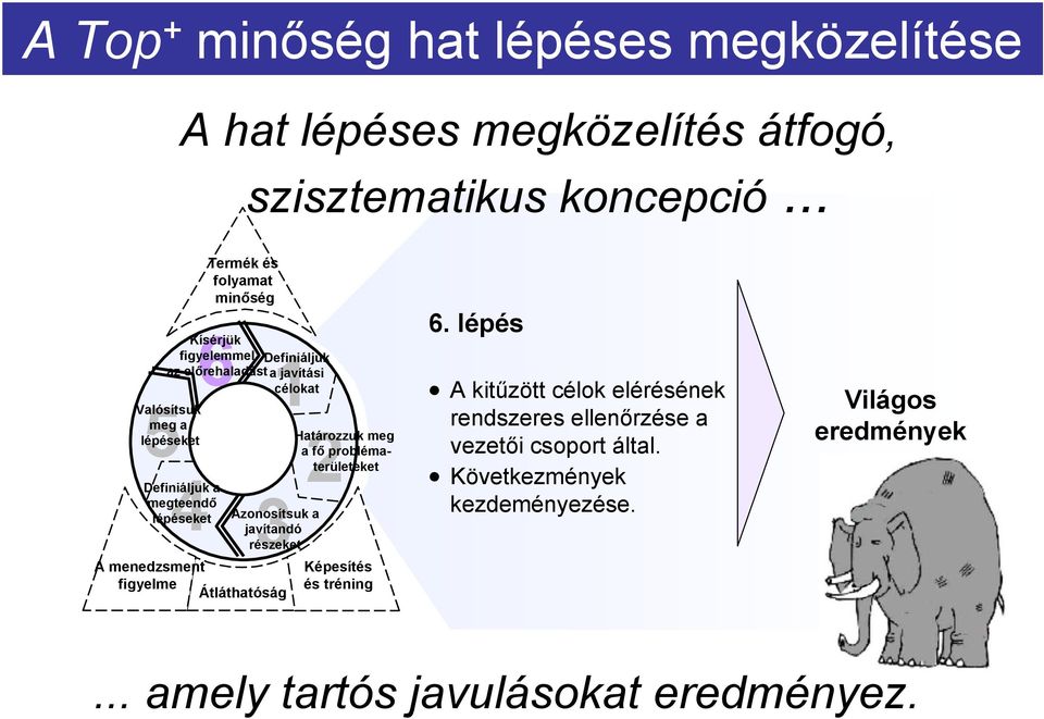 Definiáljuk a megteendő lépéseket Azonosítsuk a javítandó részeket A menedzsment figyelme Átláthatóság Határozzuk meg a fő problématerületeket
