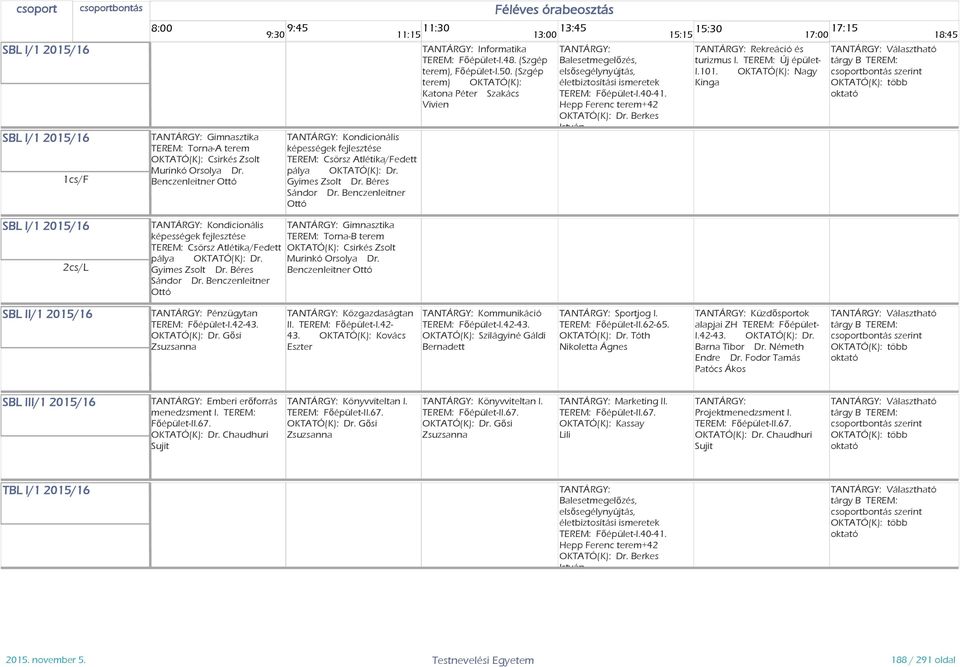 Gyimes Zsolt Dr. Béres Sándor Dr. Benczenleitner Ottó Gimnasztika TEREM: Torna-B terem OKTATÓ(K): Csirkés Zsolt Murinkó Orsolya Dr. Benczenleitner Ottó Informatika TEREM: Főépület-I.48.