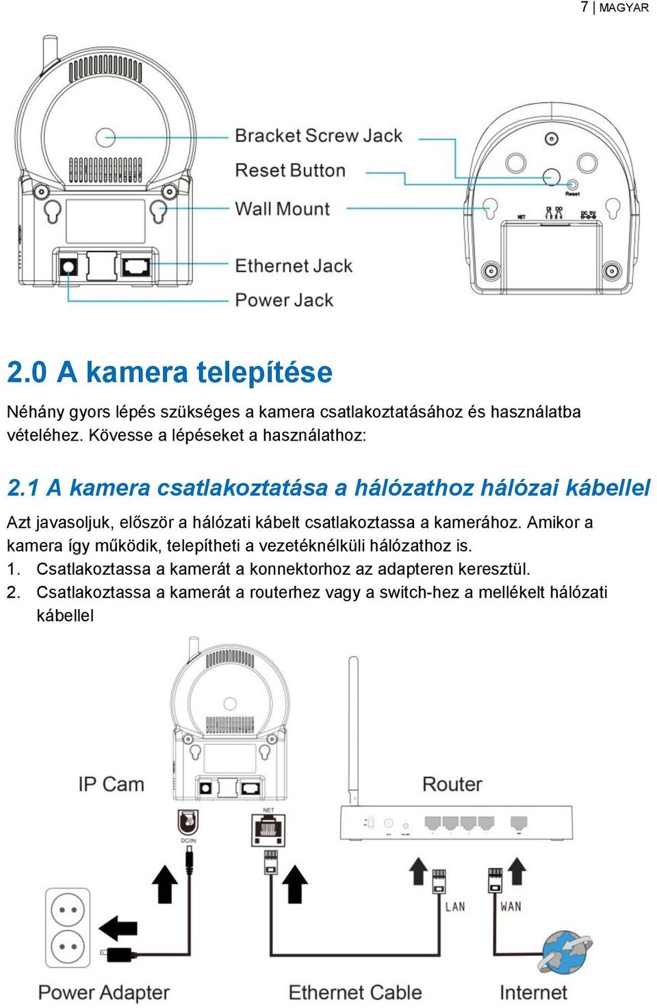 1 A kamera csatlakoztatása a hálózathoz hálózai kábellel Azt javasoljuk, először a hálózati kábelt csatlakoztassa a kamerához.