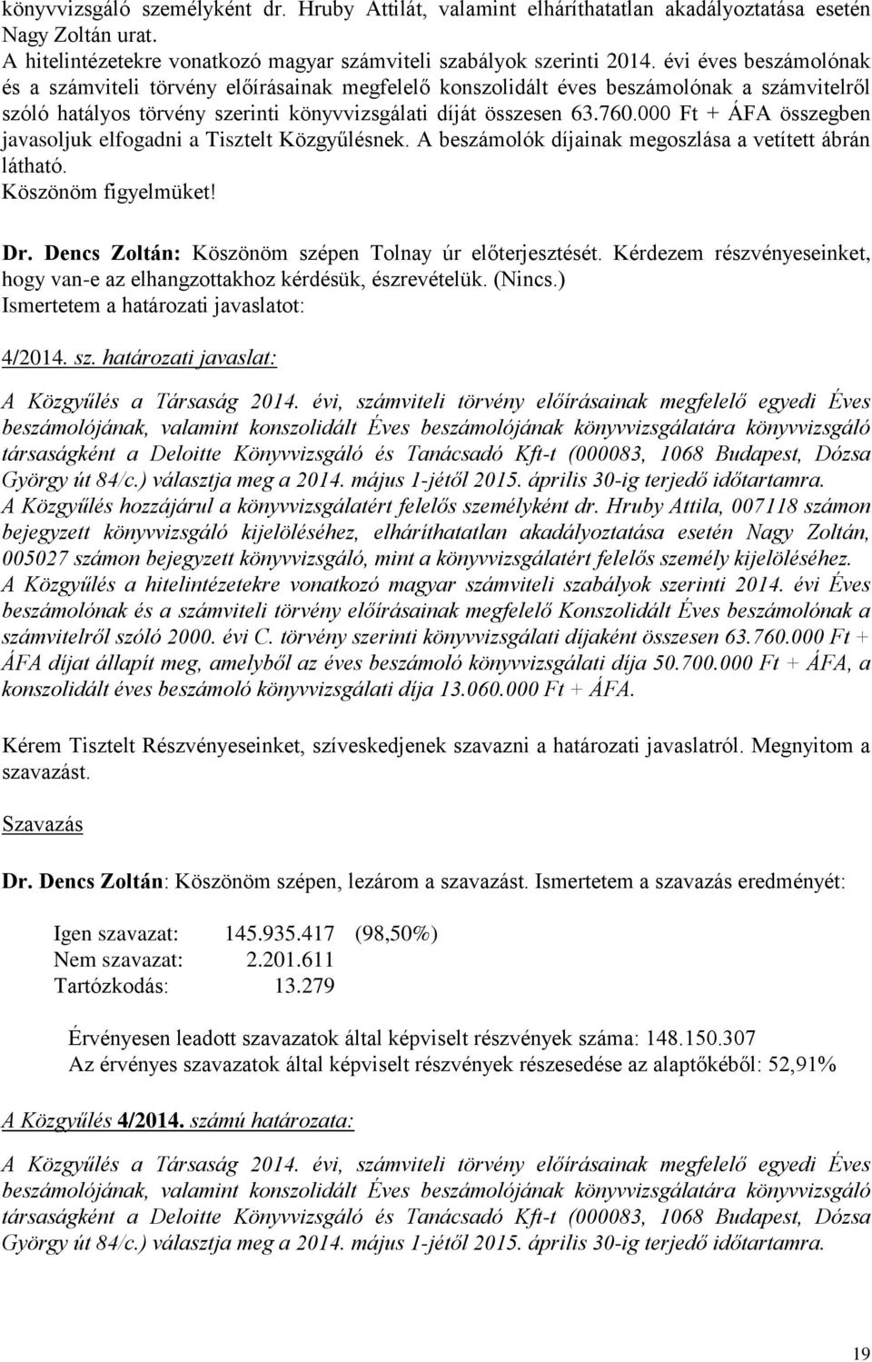 000 Ft + ÁFA összegben javasoljuk elfogadni a Tisztelt Közgyűlésnek. A beszámolók díjainak megoszlása a vetített ábrán látható. Köszönöm figyelmüket! Dr.