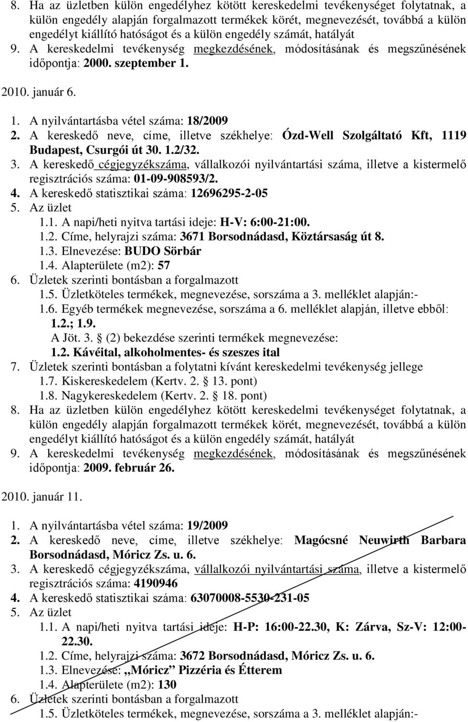 1.3. Elnevezése: BUDO Sörbár 1.4. Alapterülete (m2): 57-1.2.; 1.9. A Jöt. 3. (2) bekezdése szerinti termékek megnevezése: időpontja: 2009. február 26. 2010. január 11. 1. A nyilvántartásba vétel száma: 19/2009 2.