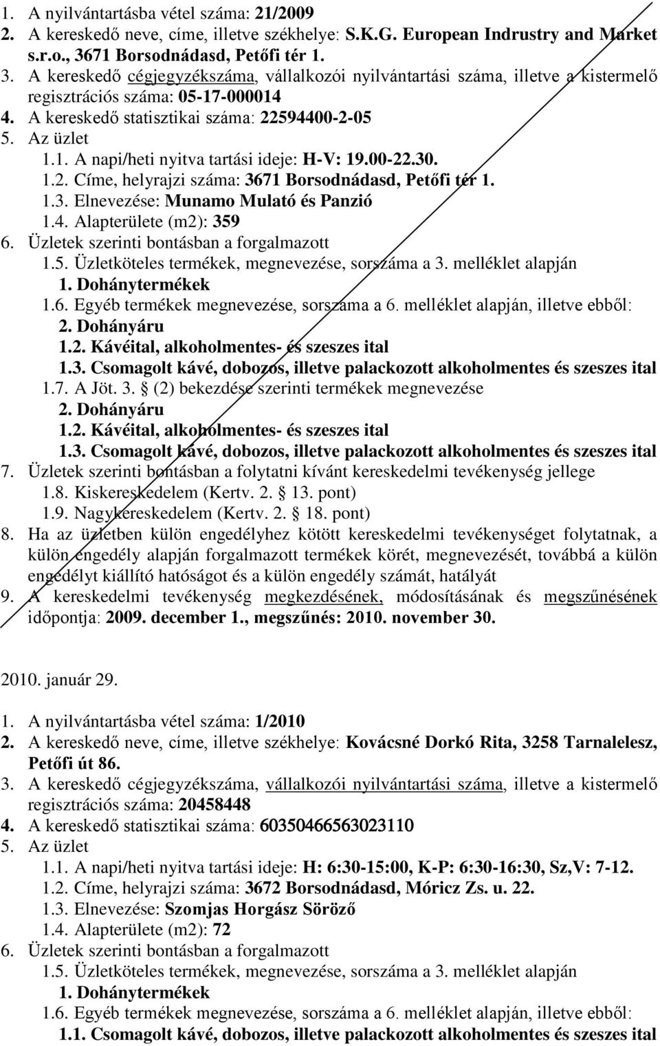 1.3. Elnevezése: Munamo Mulató és Panzió 1.4. Alapterülete (m2): 359 1.5. Üzletköteles termékek, megnevezése, sorszáma a 3. melléklet alapján 1.7. A Jöt. 3. (2) bekezdése szerinti termékek megnevezése időpontja: 2009.