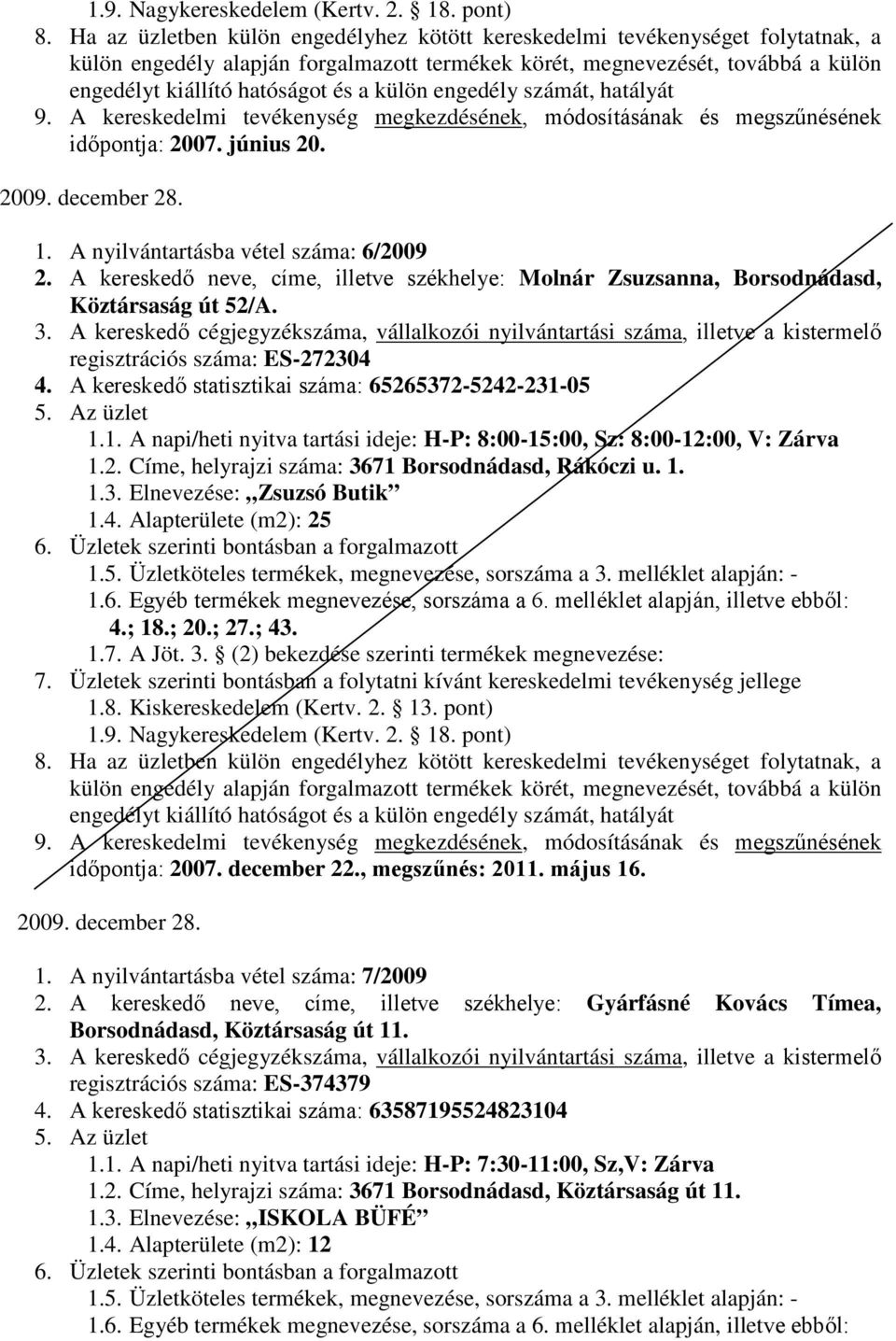 1. 1.3. Elnevezése: Zsuzsó Butik 1.4. Alapterülete (m2): 25-4.; 18.; 20.; 27.; 43. 1.7. A Jöt. 3. (2) bekezdése szerinti termékek megnevezése: időpontja: 2007. december 22., megszűnés: 2011. május 16.