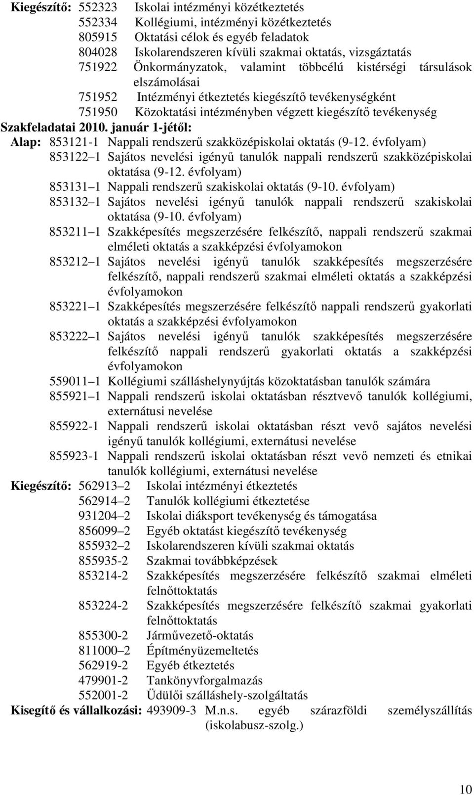 Szakfeladatai 2010. január 1-jétıl: Alap: 853121-1 Nappali rendszerő szakközépiskolai oktatás (9-12.