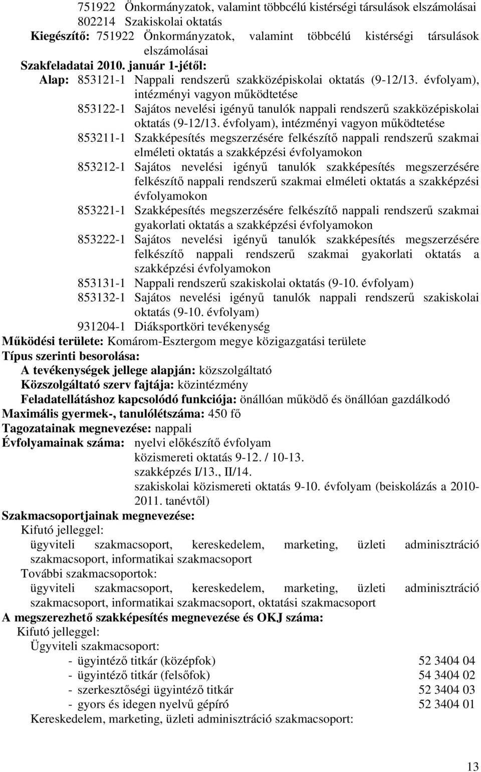 évfolyam), intézményi vagyon mőködtetése 853122-1 Sajátos nevelési igényő tanulók nappali rendszerő szakközépiskolai oktatás (9-12/13.