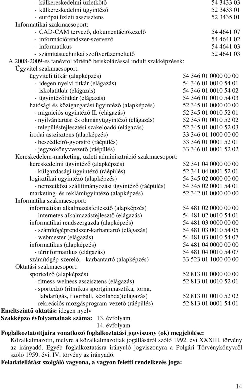 szakmacsoport: ügyviteli titkár (alapképzés) 54 346 01 0000 00 00 - idegen nyelvi titkár (elágazás) 54 346 01 0010 54 01 - iskolatitkár (elágazás) 54 346 01 0010 54 02 - ügyintézıtitkár (elágazás) 54