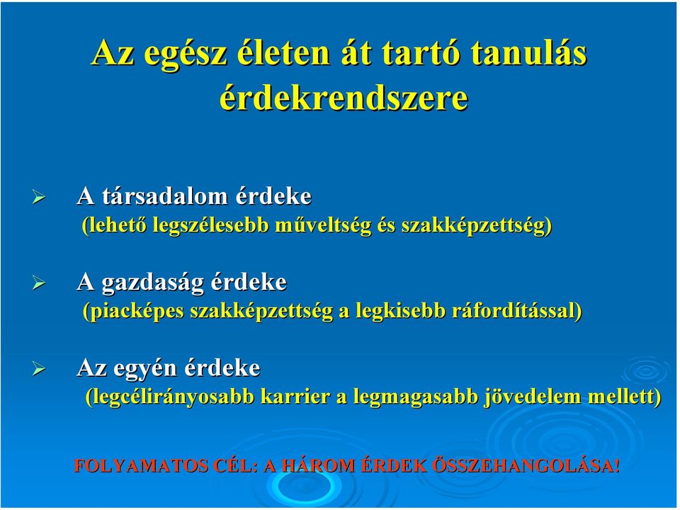 szakképzetts pzettség g a legkisebb ráfordr fordítással) Az egyén érdeke (legcélir