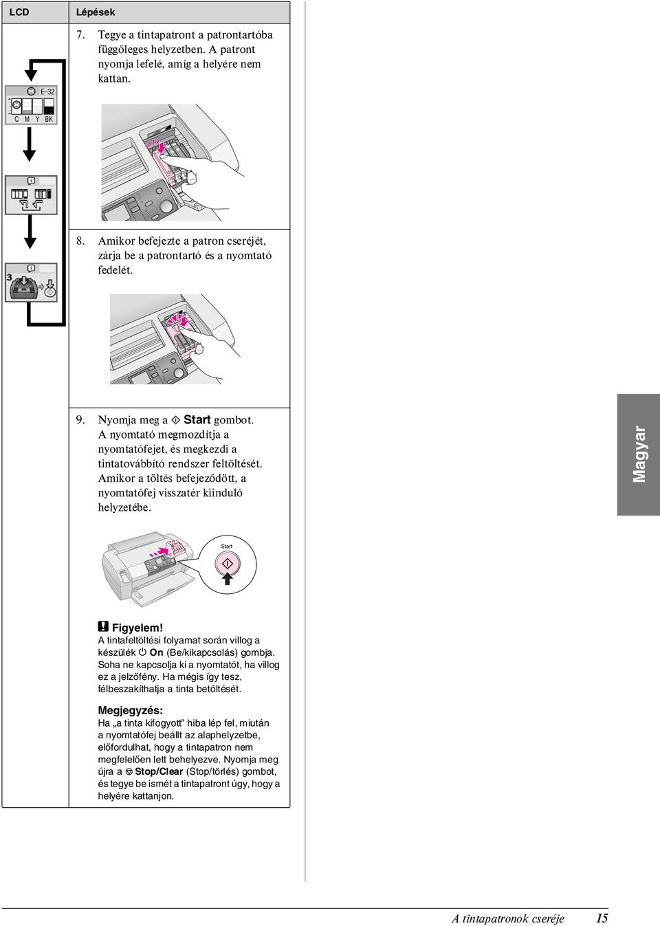 A nyomtató megmozdítja a nyomtatófejet, és megkezdi a tintatovábbító rendszer feltöltését. Amikor a töltés befejeződött, a nyomtatófej visszatér kiinduló helyzetébe. Magyar c Figyelem!