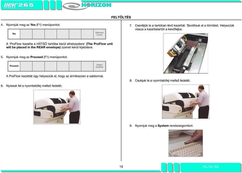 A 'ProFlow kazetta a HÁTSÓ tartóba kerül elhelyezésre' (The ProFlow unit will be placed in the REAR envelope) üzenet kerül kijelzésre. 5.