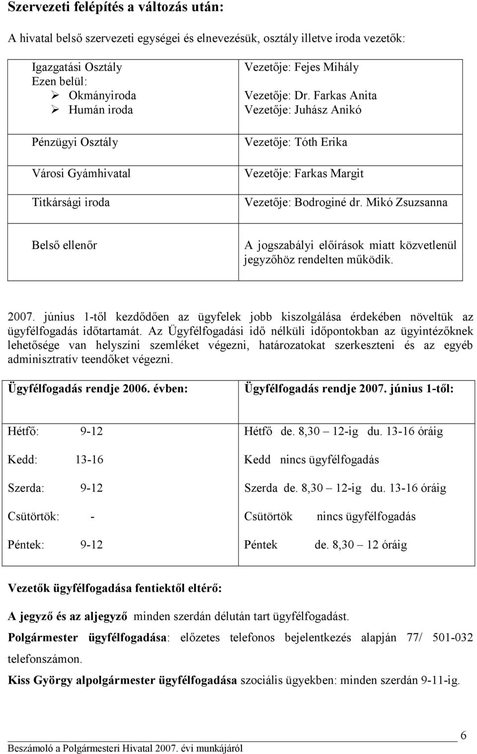 Mikó Zsuzsanna Belső ellenőr A jogszabályi előírások miatt közvetlenül jegyzőhöz rendelten működik. 2007.