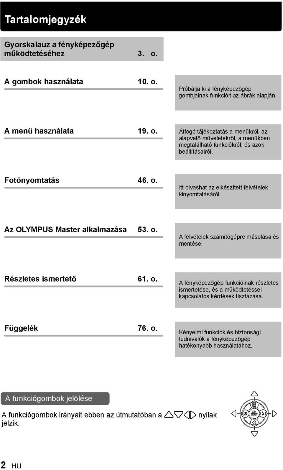 Függelék 76. o. Kényelmi funkciók és biztonsági tudnivalók a fényképez gép hatékonyabb használatához. A funkciógombok jelölése A funkciógombok irányait ebben az útmutatóban a nyilak jelzik. 2 HU