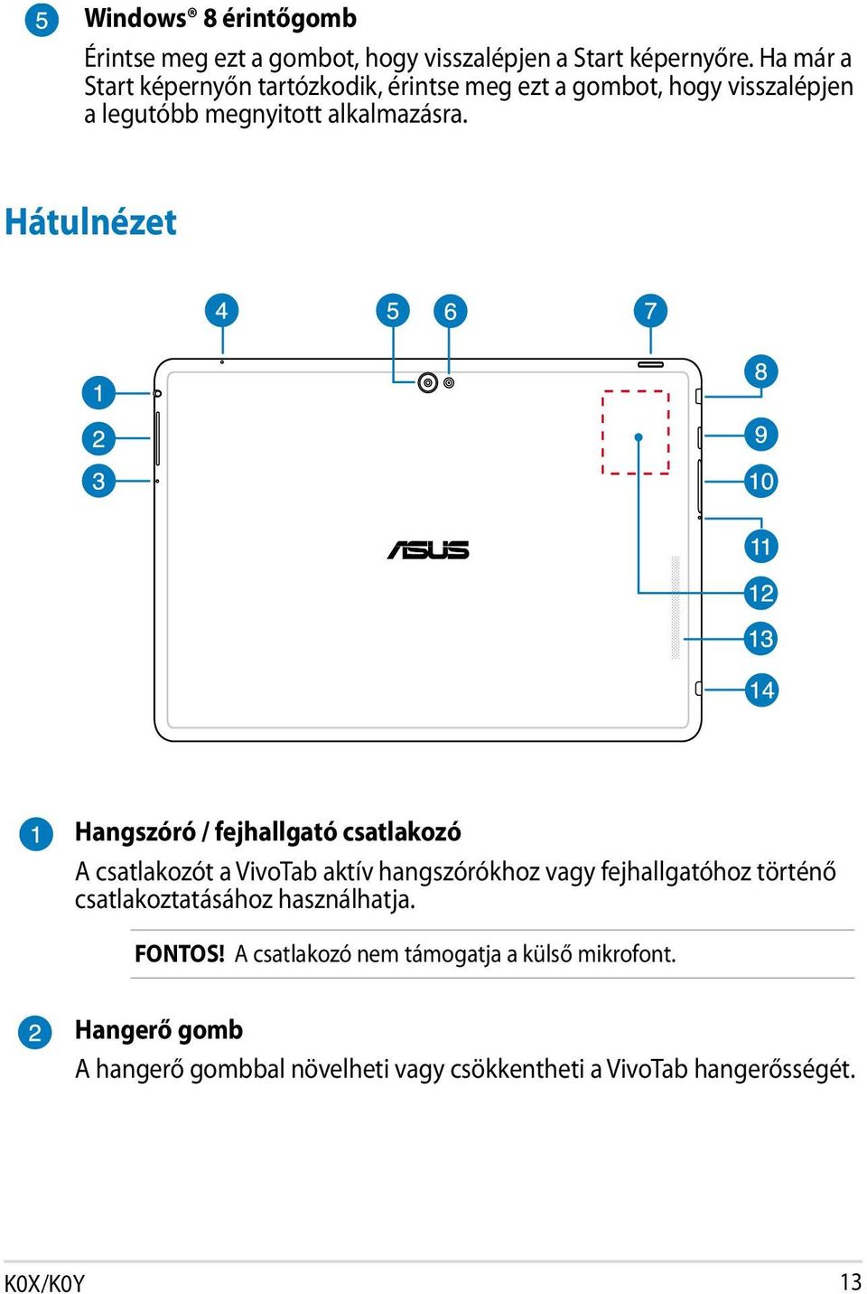 Hátulnézet Hangszóró / fejhallgató csatlakozó A csatlakozót a VivoTab aktív hangszórókhoz vagy fejhallgatóhoz történő