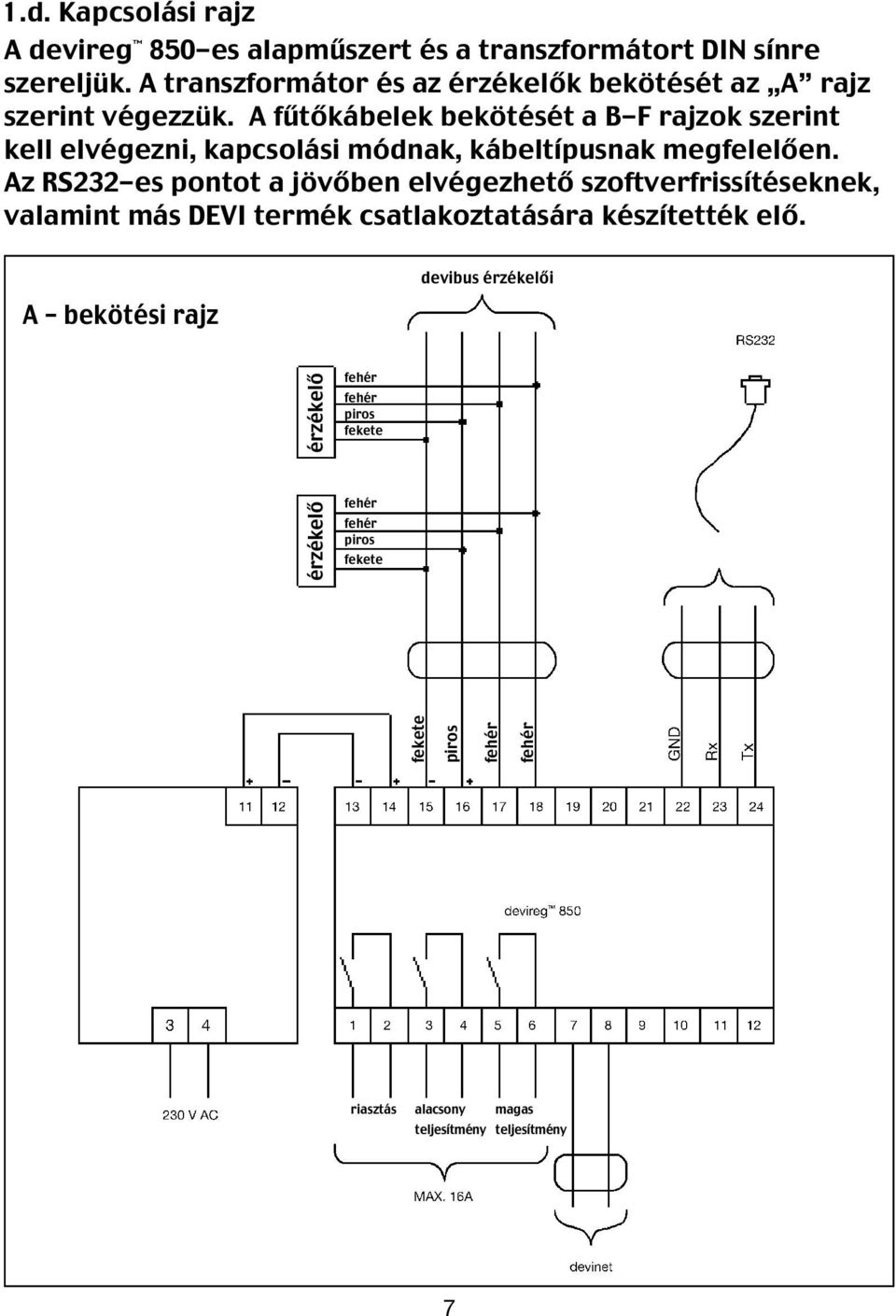 A fűtőkábelek bekötését a B-F rajzok szerint kell elvégezni, kapcsolási módnak, kábeltípusnak megfelelően.