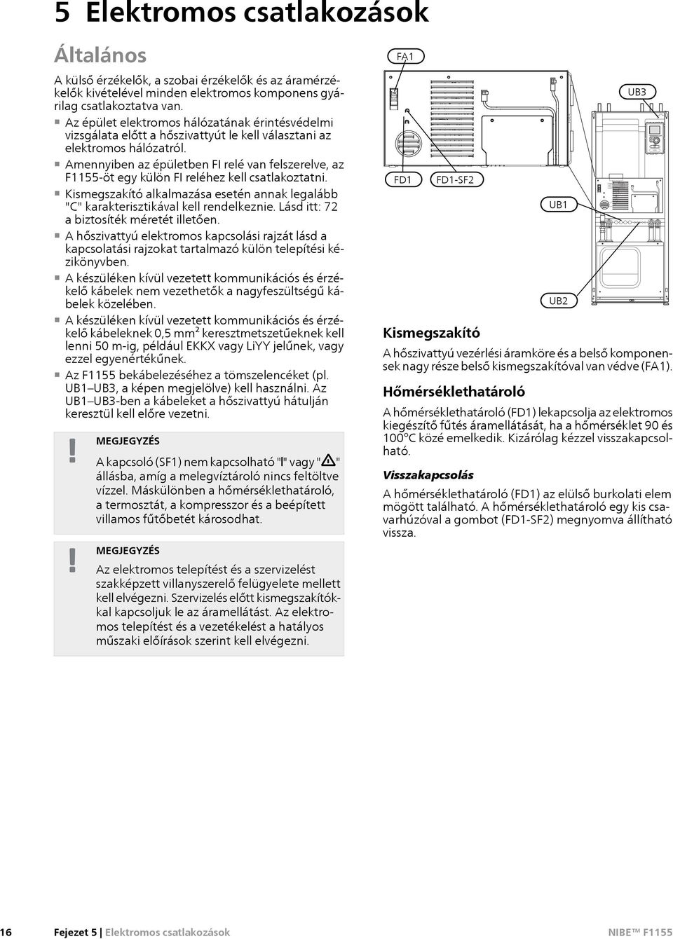 Amennyin az épületn FI relé van felszerelve, az F1155-öt egy külön FI reléhez kell csatlakoztatni. Kismegszakító alkalmazása esetén annak legalább "C" karakterisztikával kell rendelkeznie.