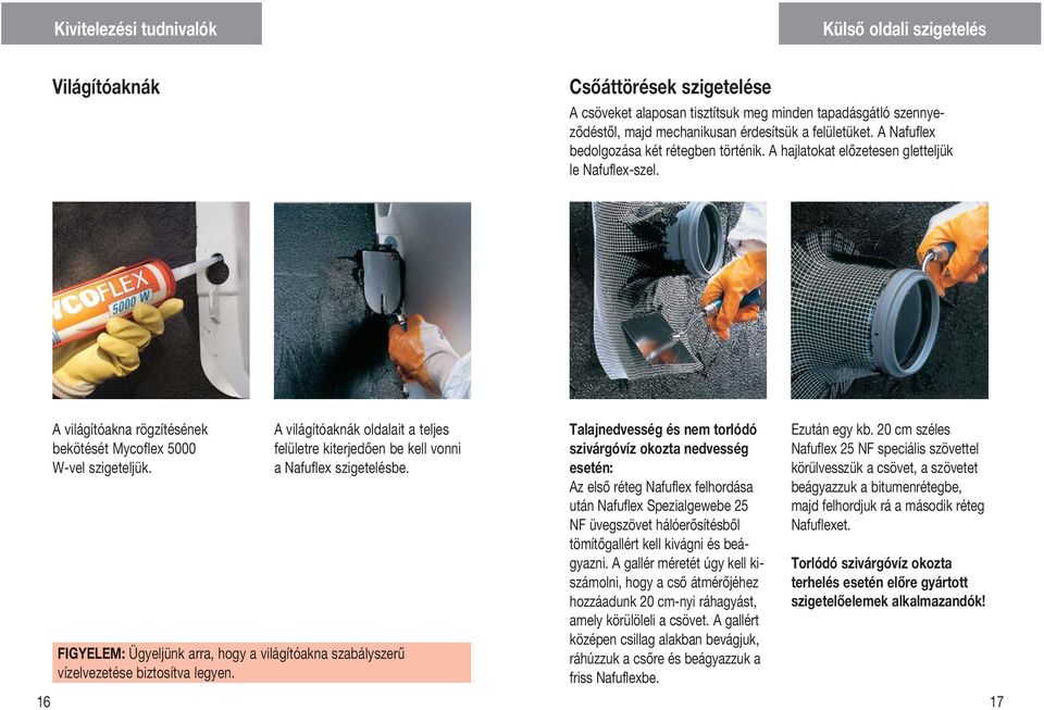 A világítóaknák oldalait a teljes felületre kiterjedően be kell vonni a Nafuflex szigetelésbe. FIGYELEM: Ügyeljünk arra, hogy a világítóakna szabályszerű vízelvezetése biztosítva legyen.