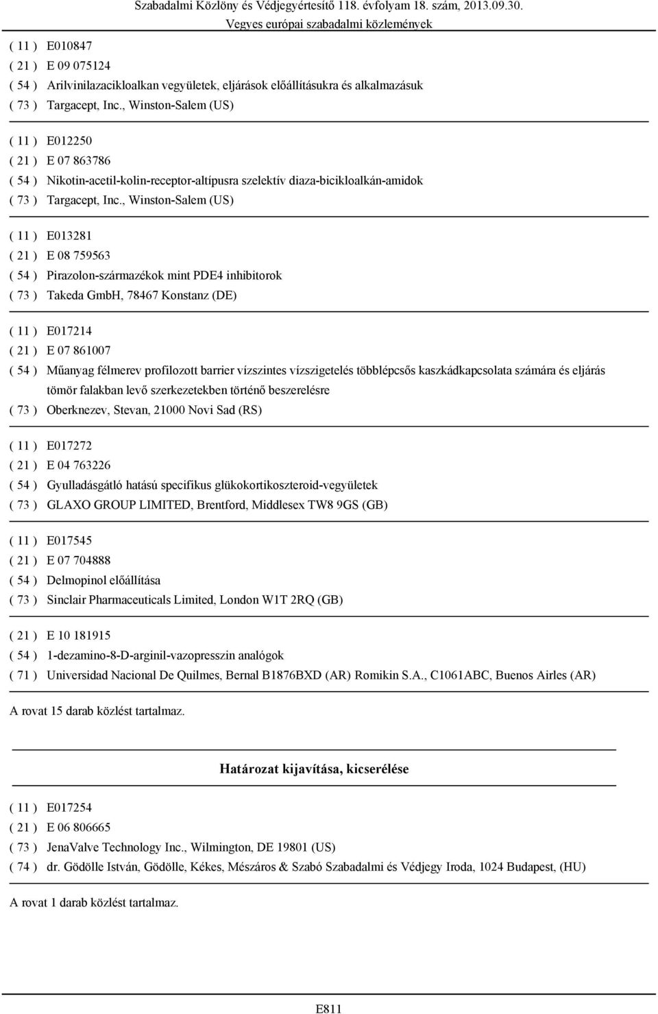 , Winston-Salem (US) ( 11 ) E013281 ( 21 ) E 08 759563 ( 54 ) Pirazolon-származékok mint PDE4 inhibitorok ( 73 ) Takeda GmbH, 78467 Konstanz (DE) ( 11 ) E017214 ( 21 ) E 07 861007 ( 54 ) Műanyag